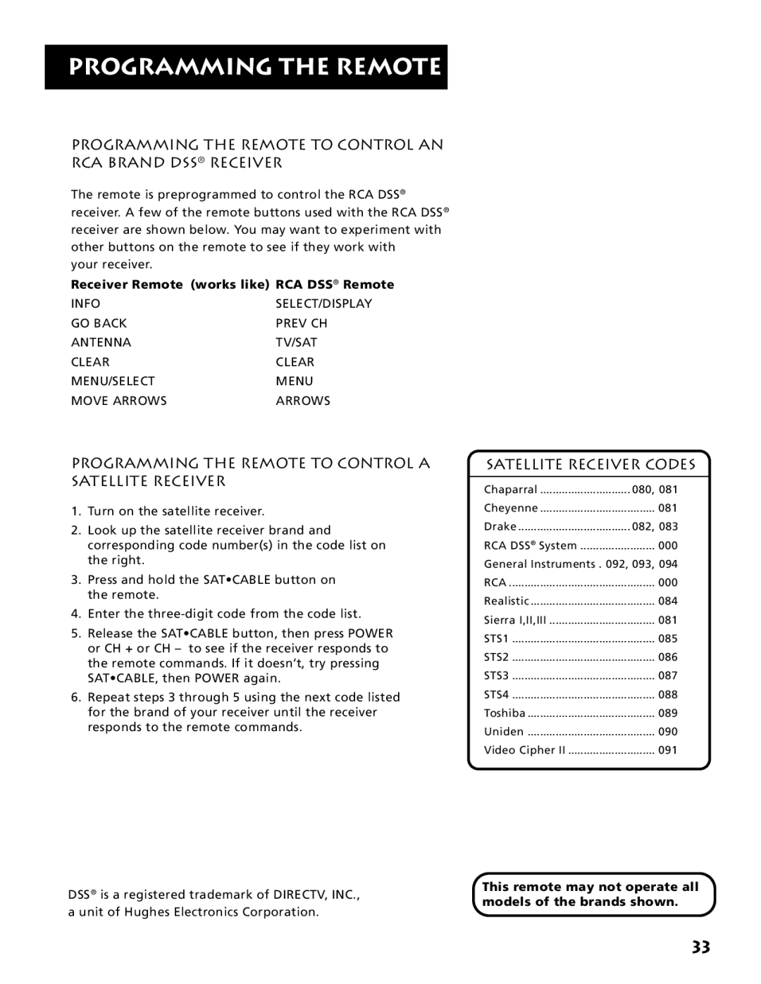 Electrohome RV-3798 manual Programming the Remote to Control AN RCA Brand DSS Receiver, Satellite Receiver Codes 