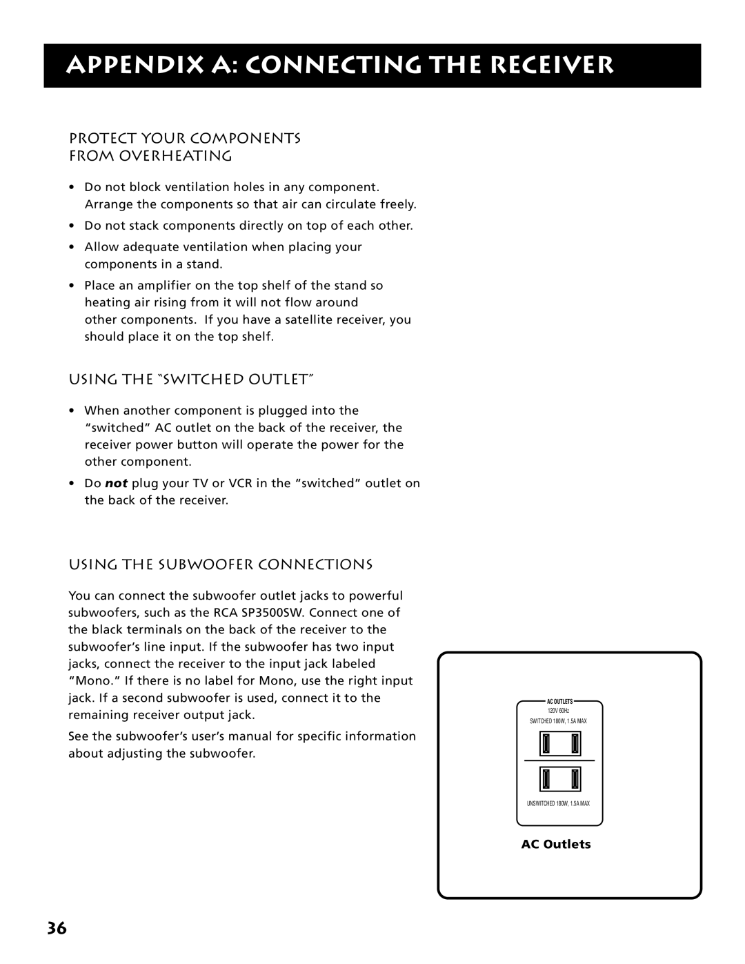 Electrohome RV-3798 Protect Your Components From Overheating, Using the Switched Outlet, Using the Subwoofer Connections 