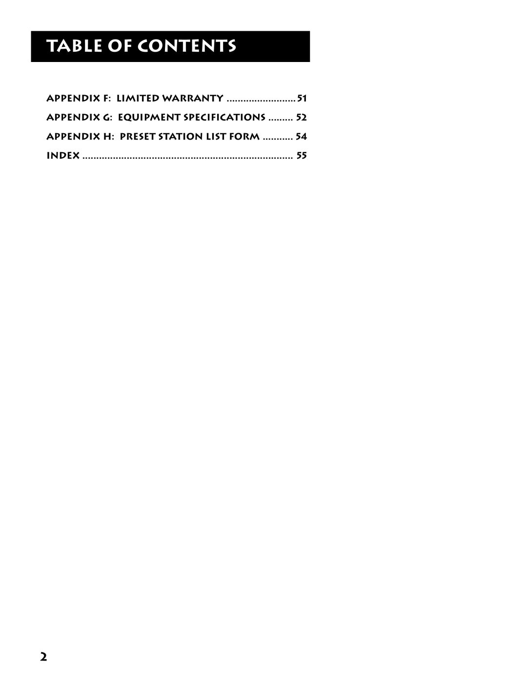 Electrohome RV-3798 manual Table of Contents 