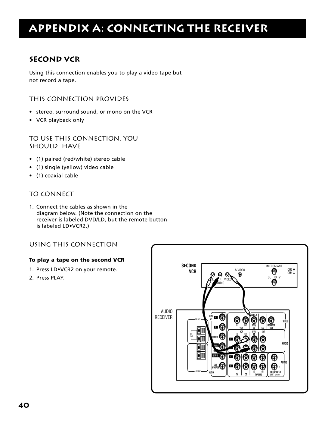 Electrohome RV-3798 manual Second VCR, To play a tape on the second VCR 