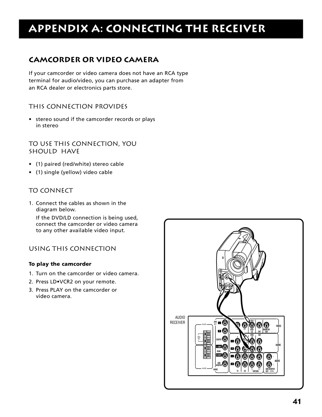 Electrohome RV-3798 manual Camcorder or Video Camera, To play the camcorder 