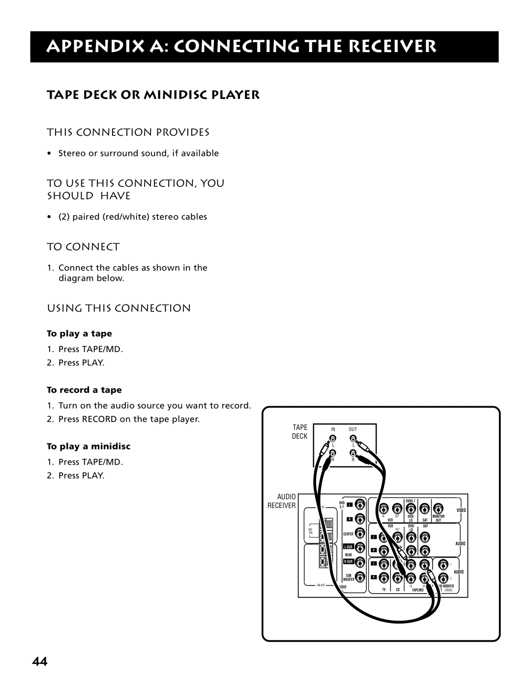 Electrohome RV-3798 manual Tape Deck or Minidisc Player, To play a tape, To record a tape, To play a minidisc 