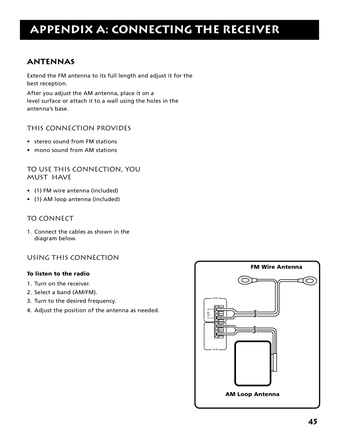 Electrohome RV-3798 manual Antennas, To listen to the radio, FM Wire Antenna, AM Loop Antenna 