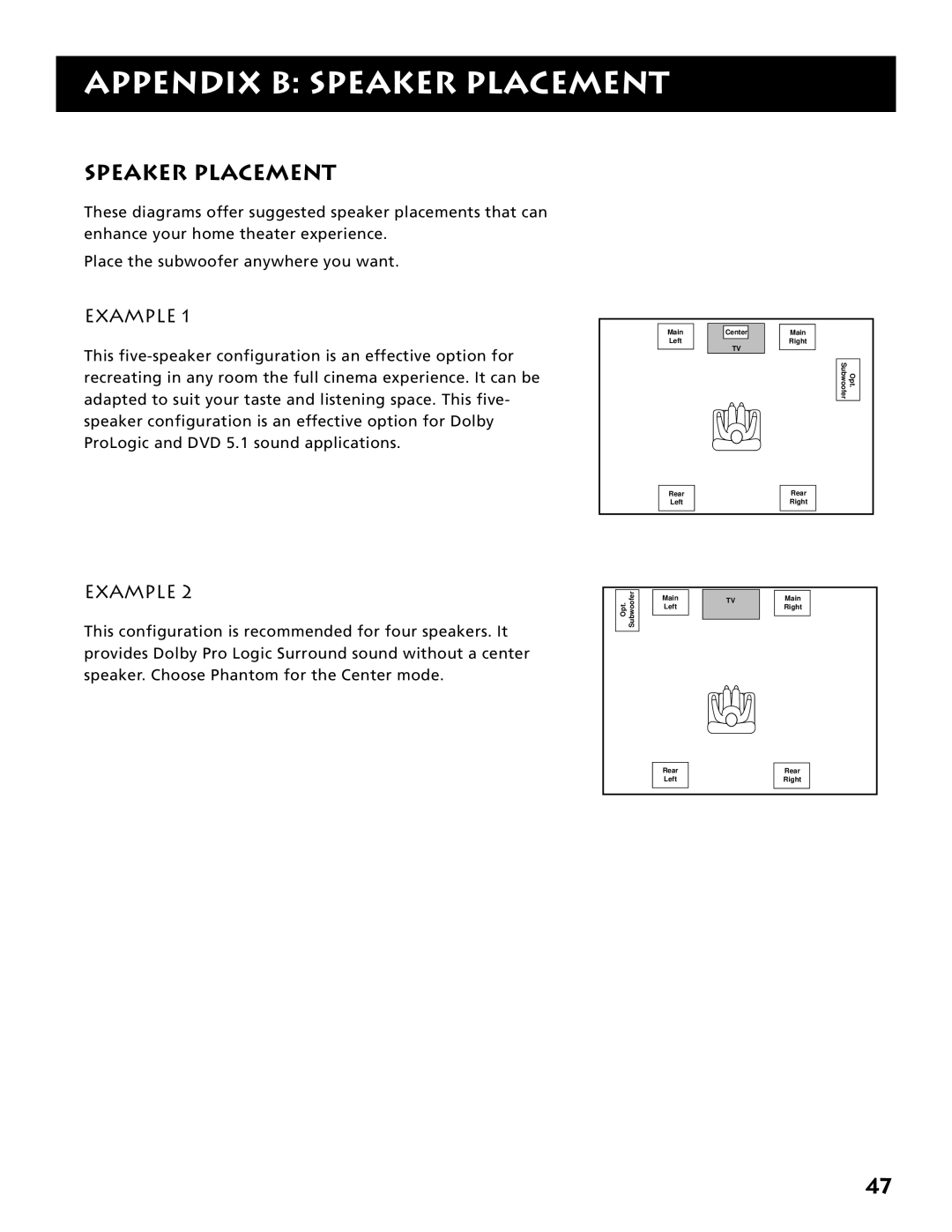 Electrohome RV-3798 manual Appendix B Speaker Placement, Example 