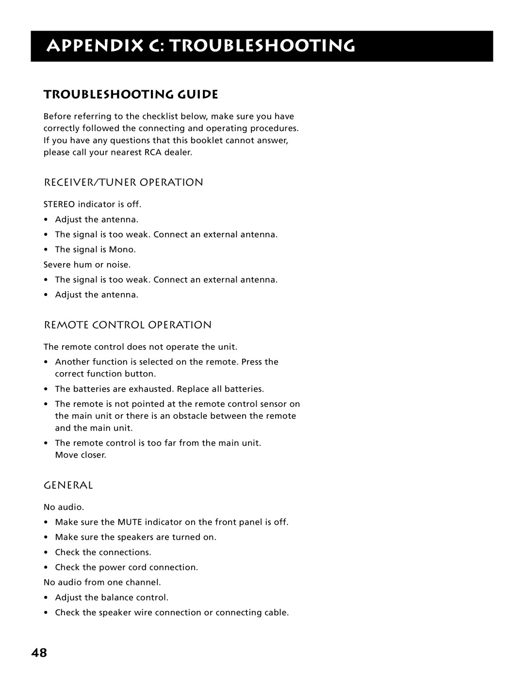 Electrohome RV-3798 Appendix C Troubleshooting, Troubleshooting Guide, RECEIVER/TUNER Operation, Remote Control Operation 