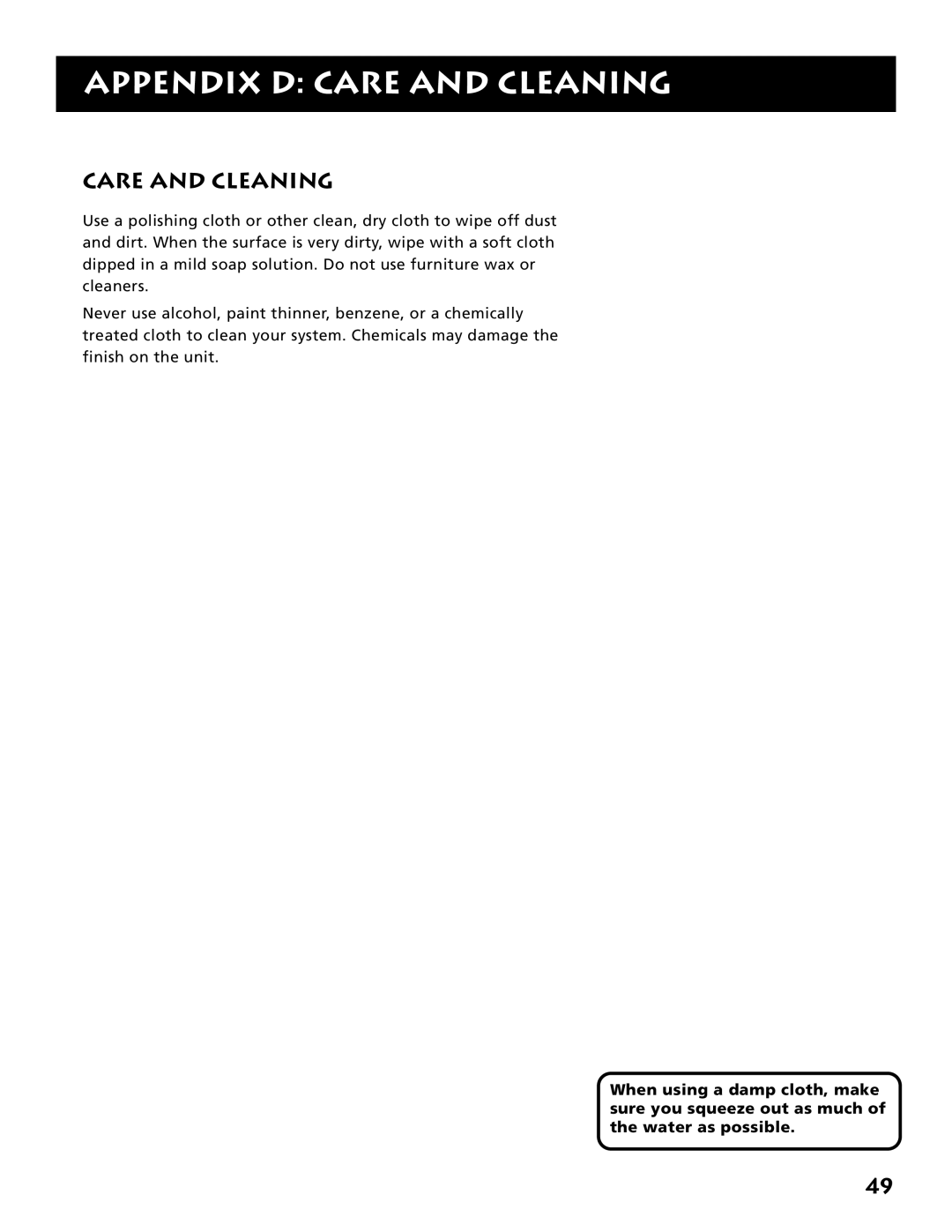 Electrohome RV-3798 manual Appendix D Care and Cleaning 