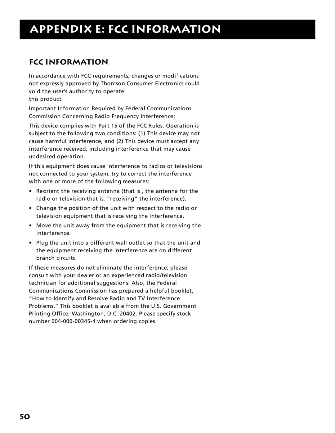 Electrohome RV-3798 manual Appendix E FCC Information 