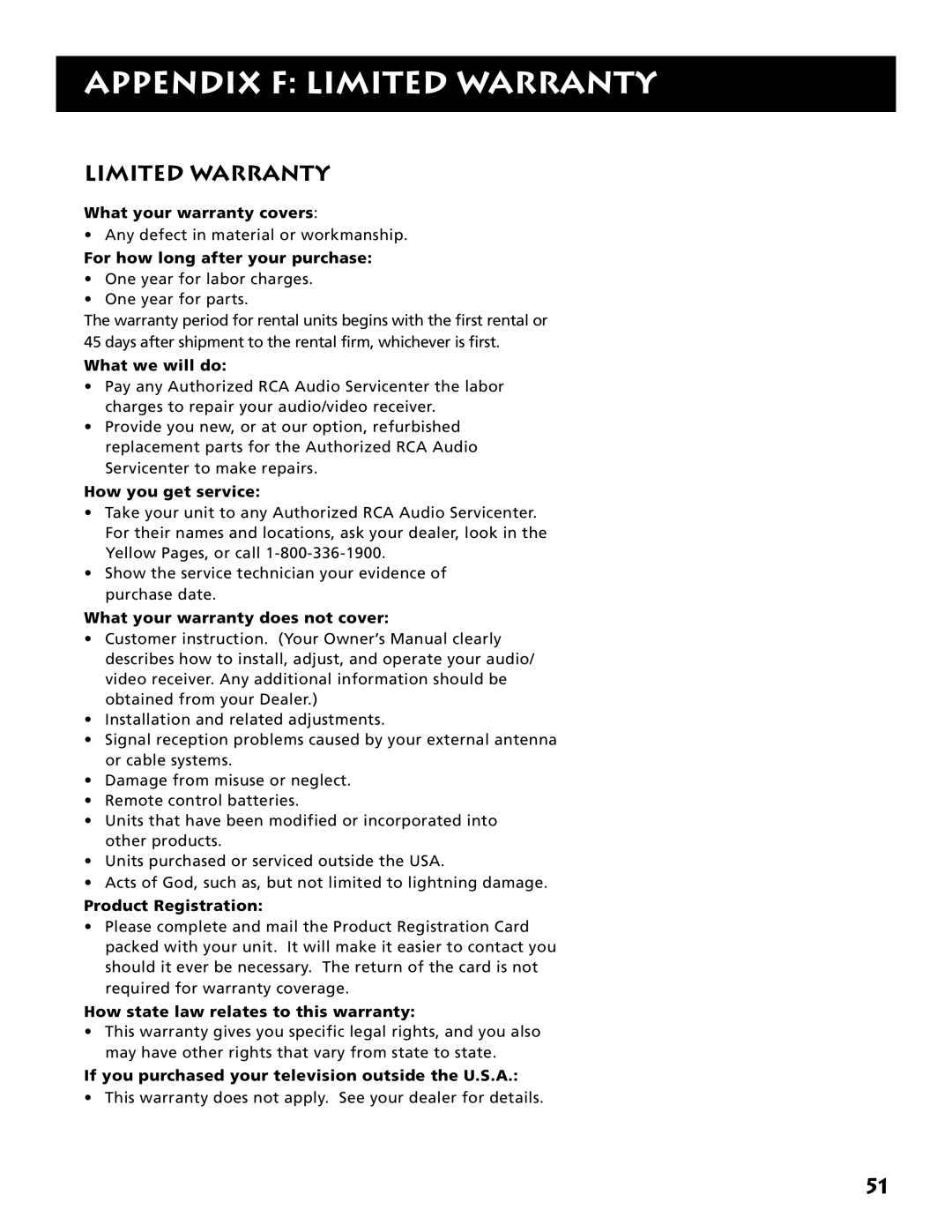 Electrohome RV-3798 manual Appendix F Limited Warranty 