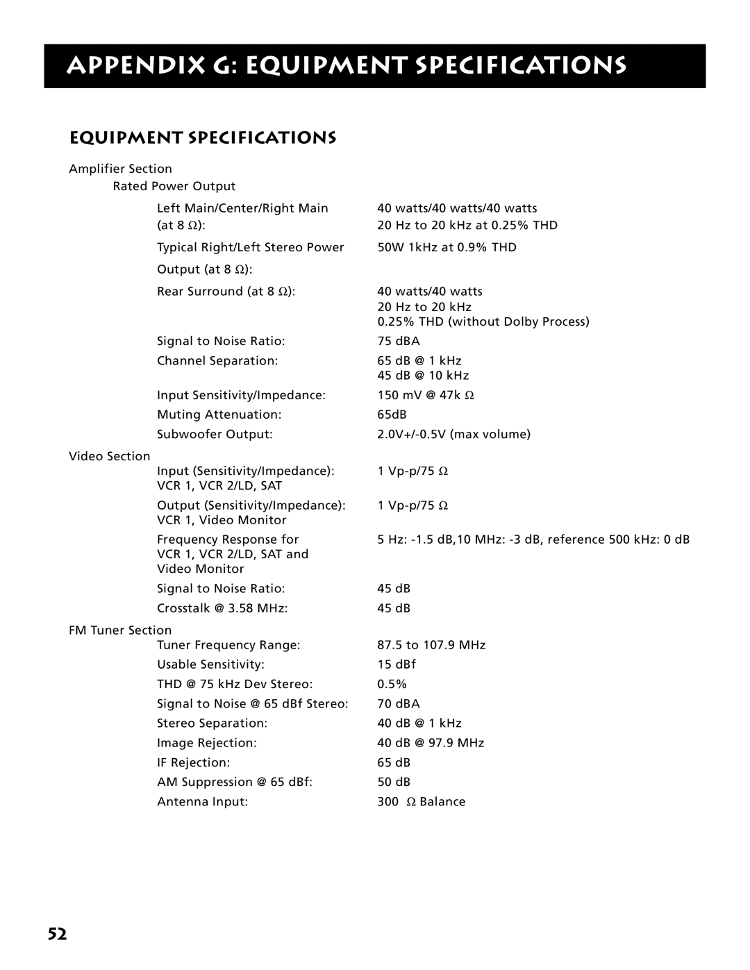 Electrohome RV-3798 manual Appendix G Equipment Specifications 