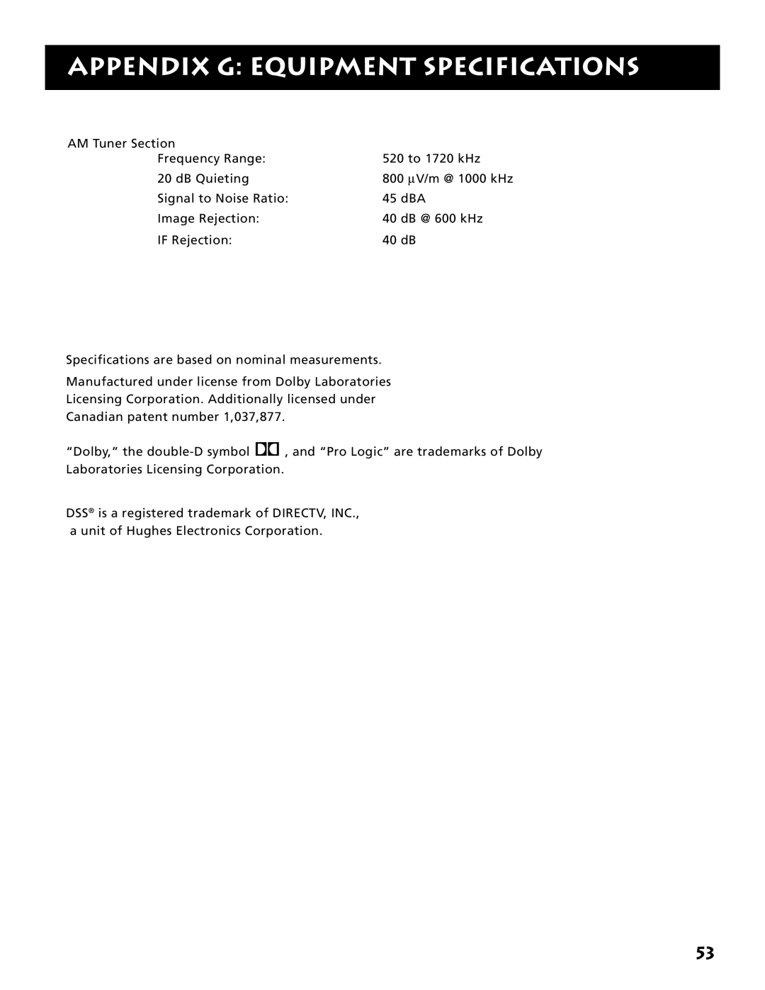 Electrohome RV-3798 manual Appendix G Equipment Specifications 