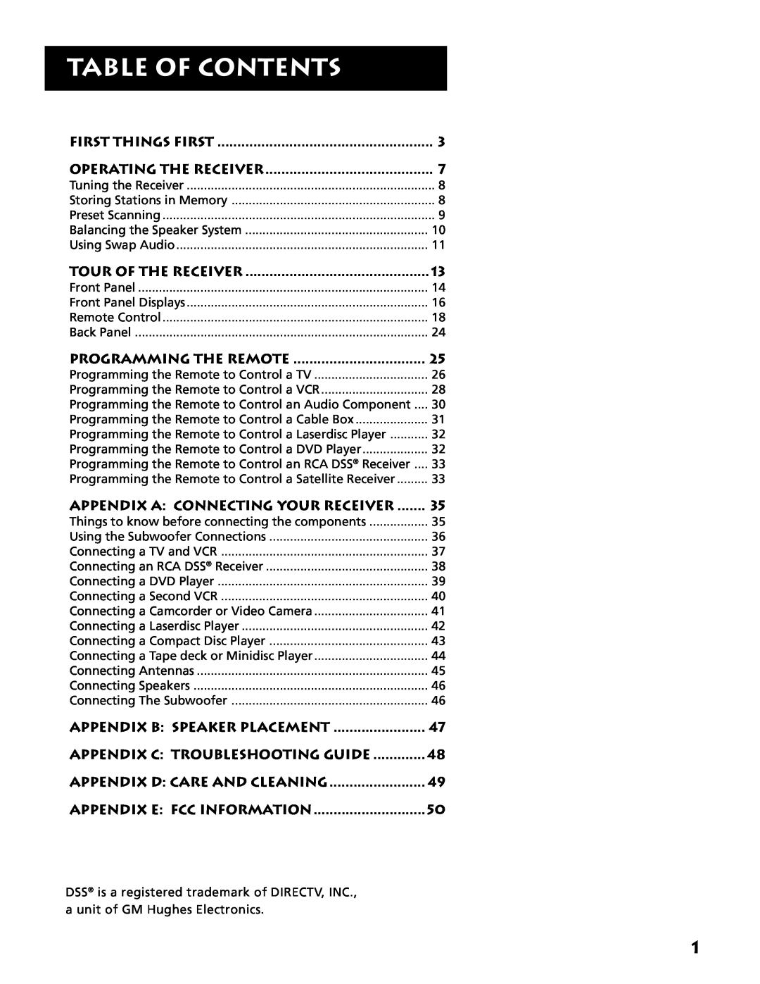 Electrohome RV-3798 manual Table Of Contents 