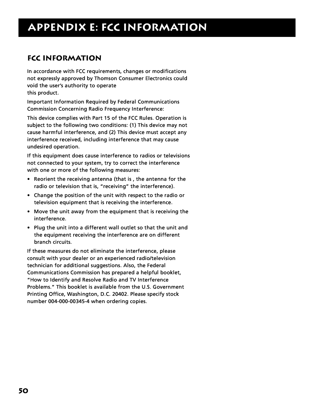 Electrohome RV-3798 manual Appendix E: Fcc Information 