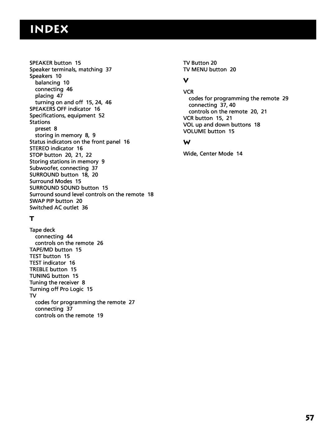 Electrohome RV-3798 manual Index 