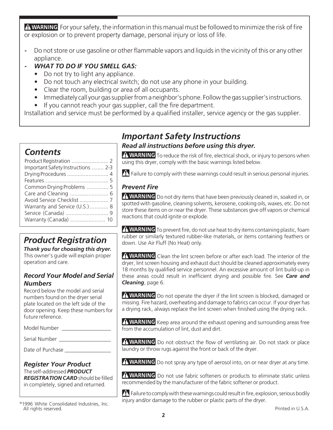 Electrolux - Gibson 131627900 manual Contents, Product Registration, Important Safety Instructions 