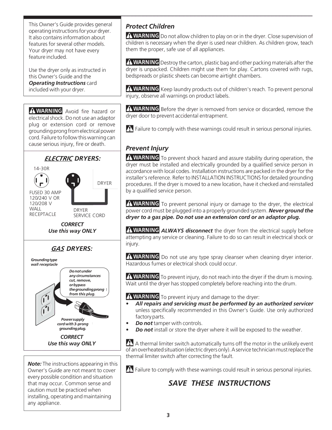 Electrolux - Gibson 131627900 manual Electric Dryers, GAS Dryers, Protect Children, Prevent Injury, Correct 