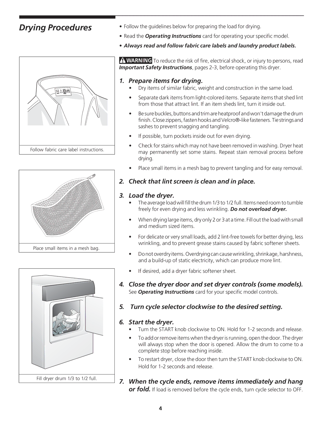 Electrolux - Gibson 131627900 manual Drying Procedures, Prepare items for drying 