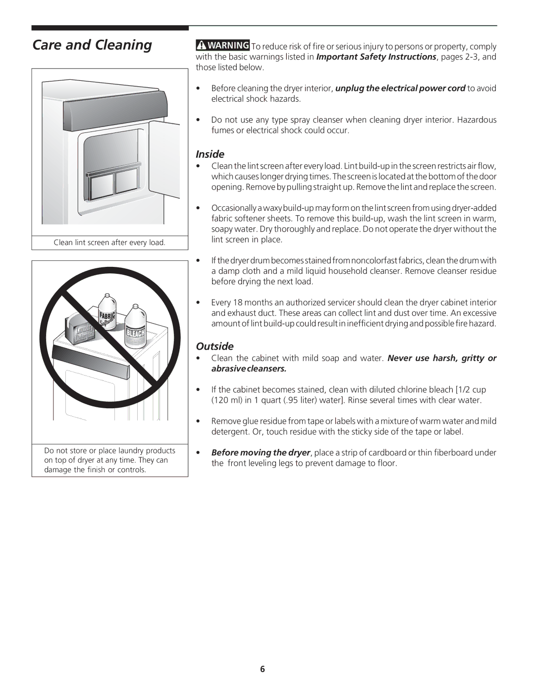 Electrolux - Gibson 131627900 manual Care and Cleaning, Inside, Outside 