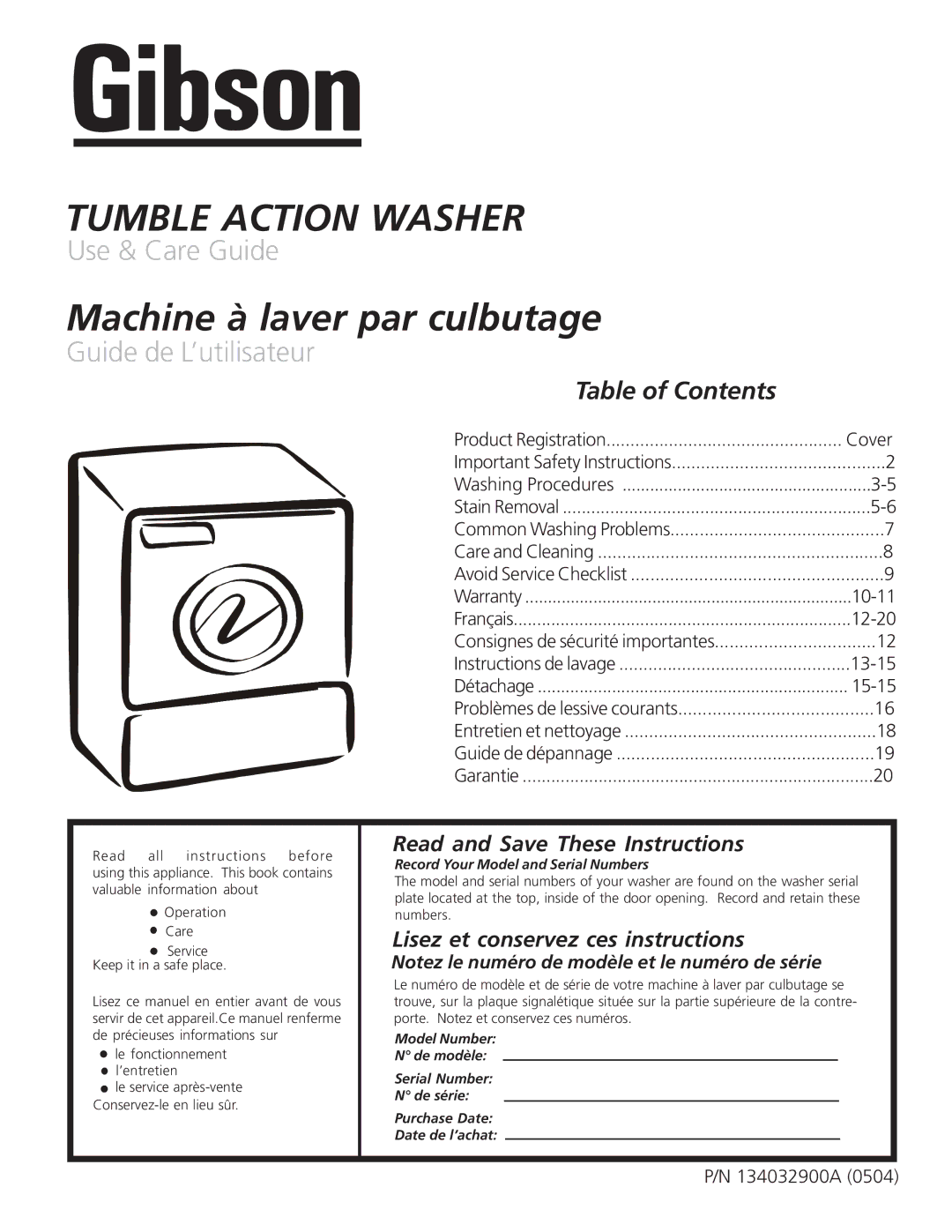 Electrolux - Gibson 134032900A important safety instructions Tumble Action Washer, Table of Contents 