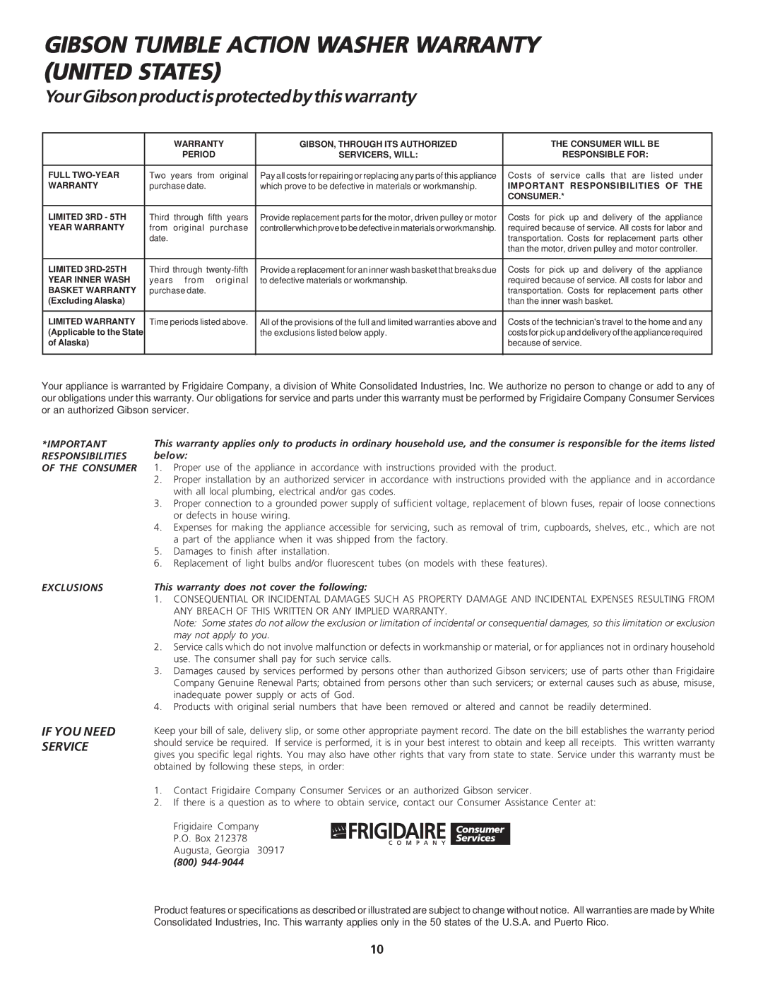 Electrolux - Gibson 134032900A YourGibsonproductisprotectedbythiswarranty, If YOU Need Service, 800 