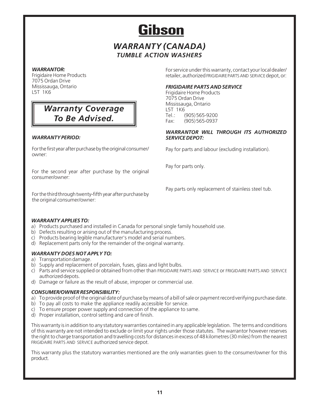 Electrolux - Gibson 134032900A important safety instructions Warranty Coverage To Be Advised 