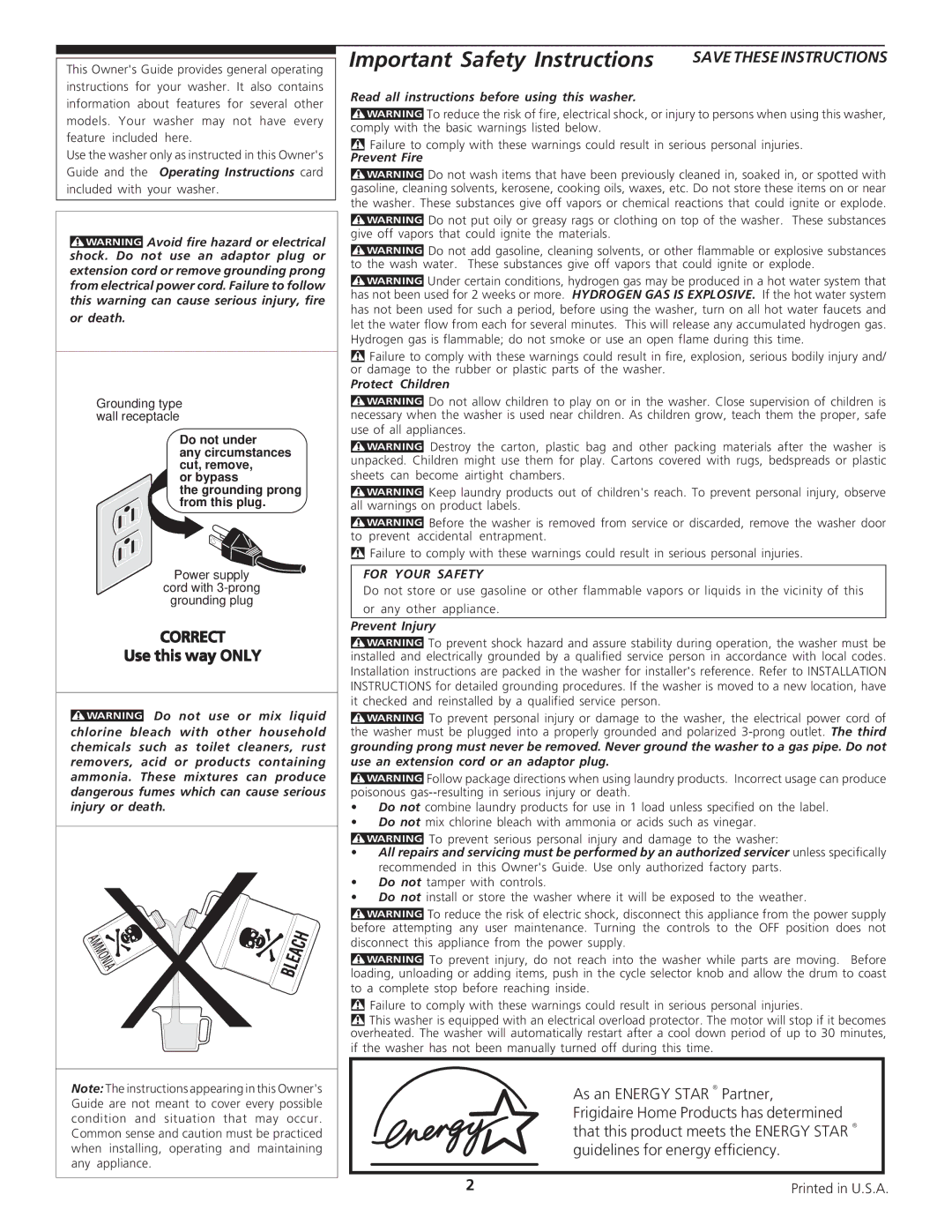 Electrolux - Gibson 134032900A important safety instructions Important Safety Instructions 