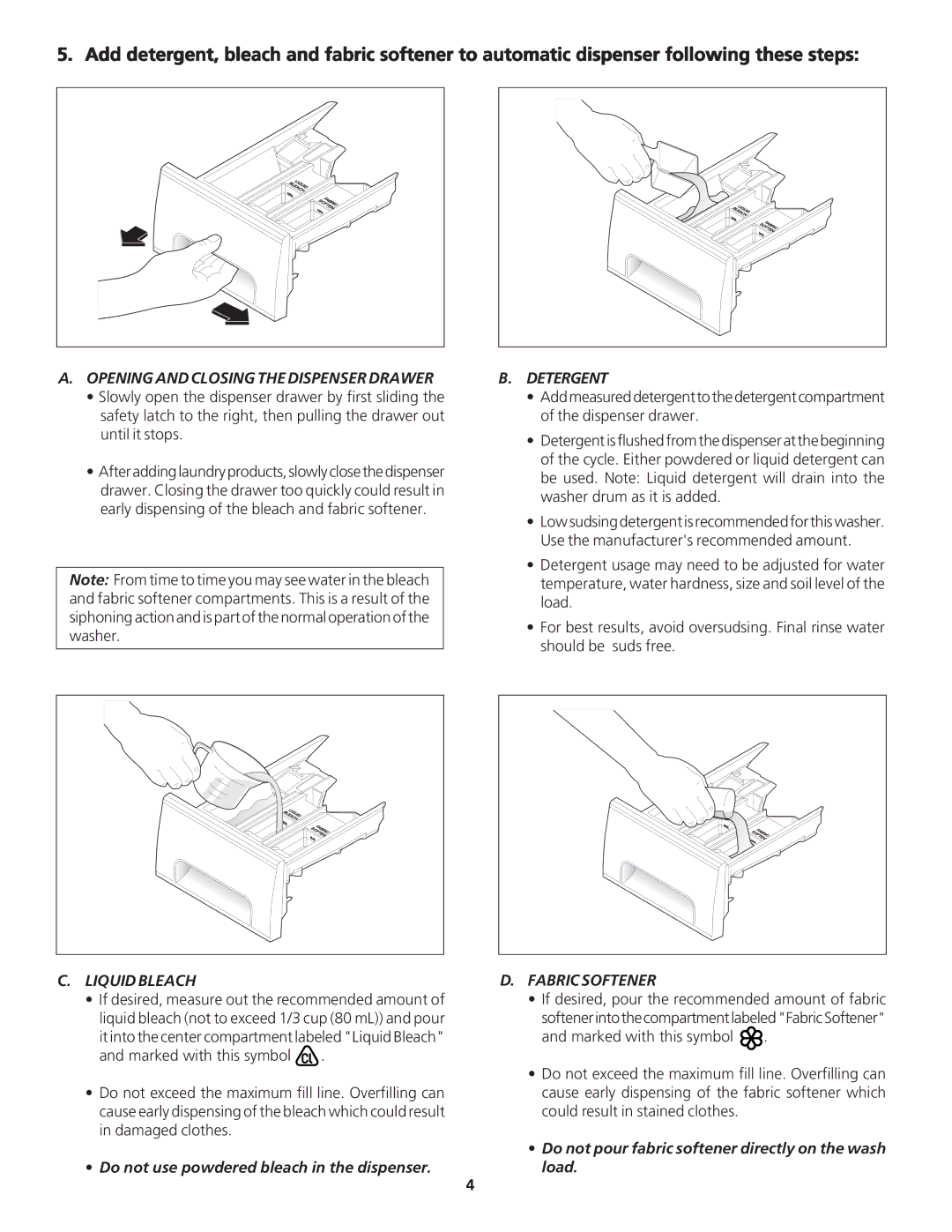 Electrolux - Gibson 134032900A Opening and Closing the Dispenser Drawer, Liquid Bleach, Detergent, Fabric Softener 