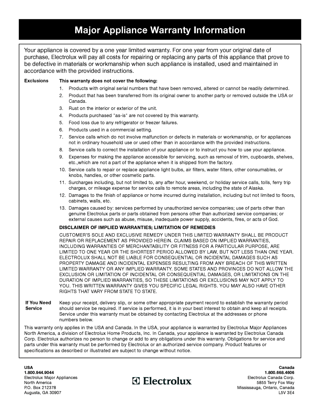 Electrolux - Gibson 134674800 important safety instructions Major Appliance Warranty Information 