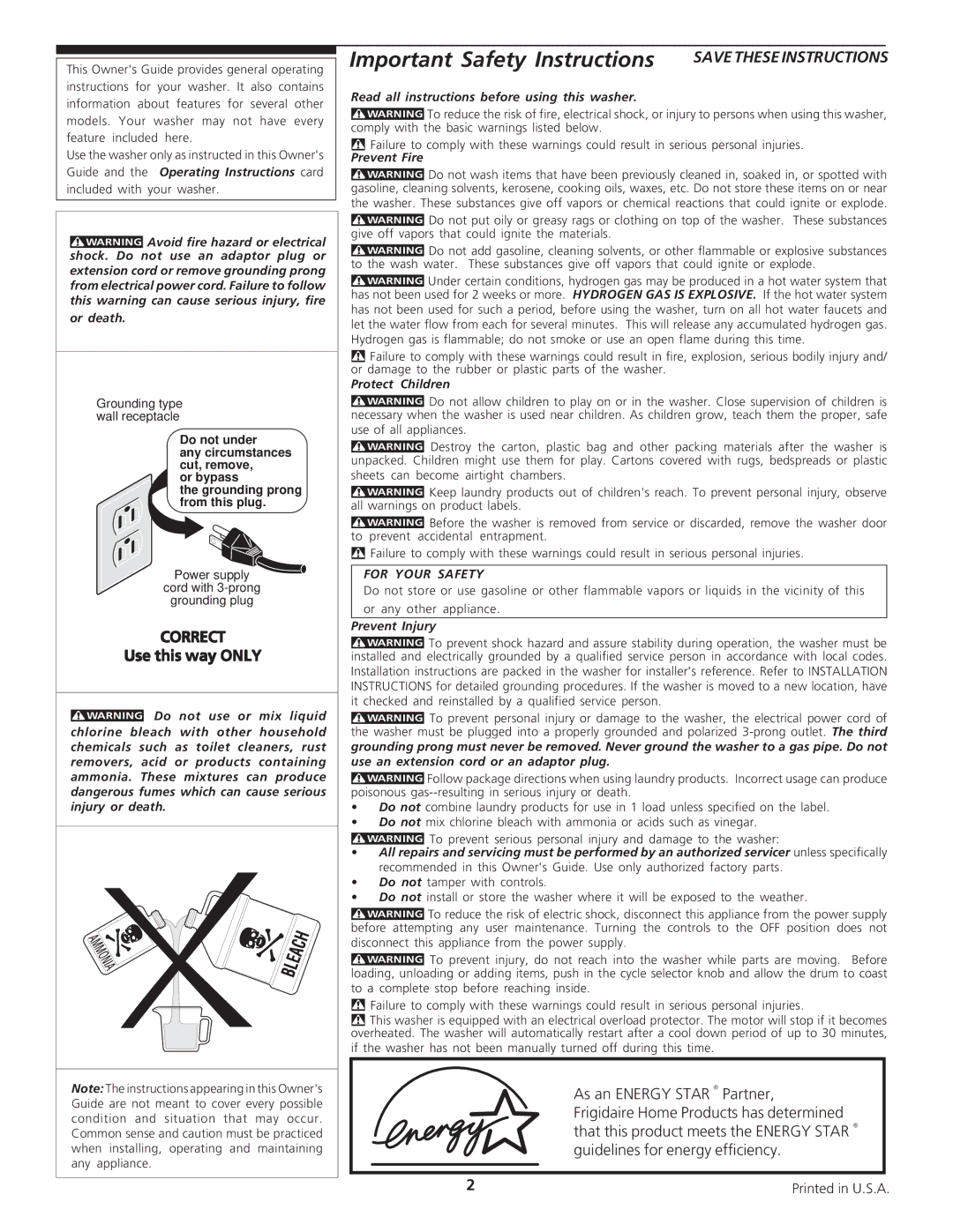 Electrolux - Gibson 134674800 important safety instructions Important Safety Instructions 