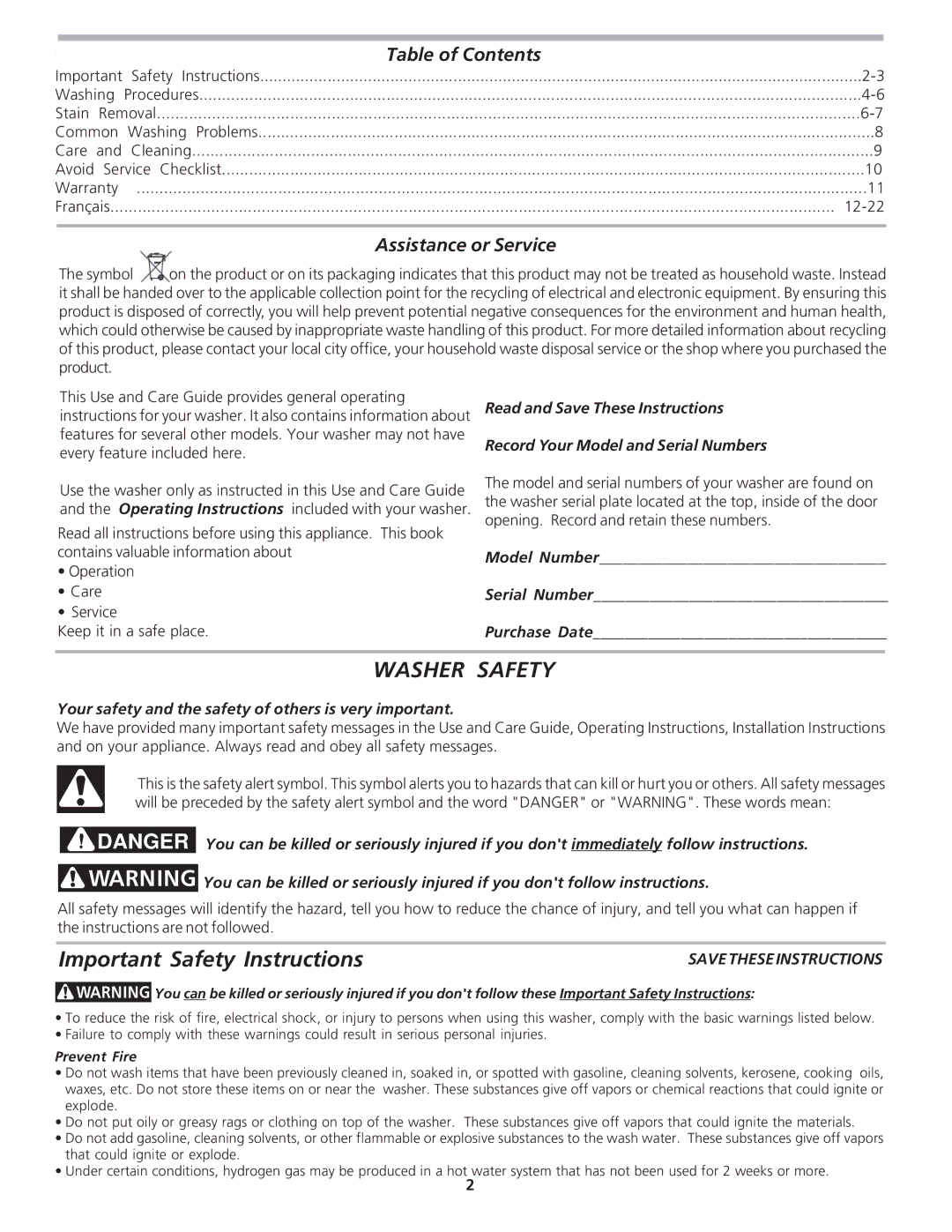 Electrolux - Gibson 134778800 manual Table of Contents, Assistance or Service 