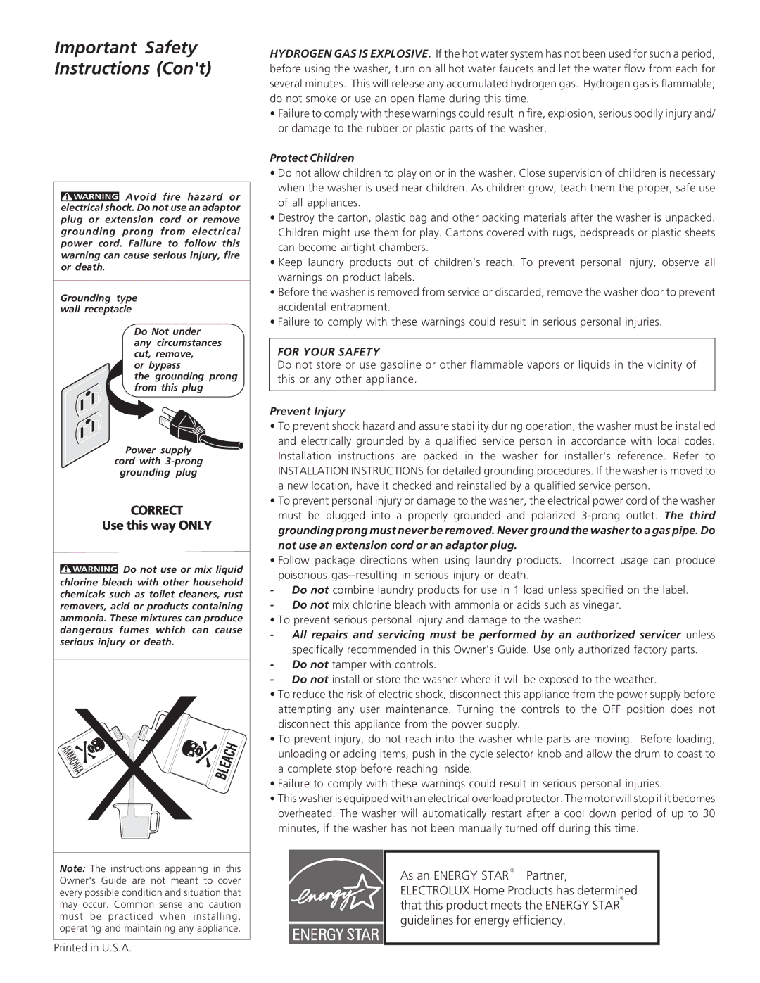 Electrolux - Gibson 134778800 manual Important Safety Instructions 