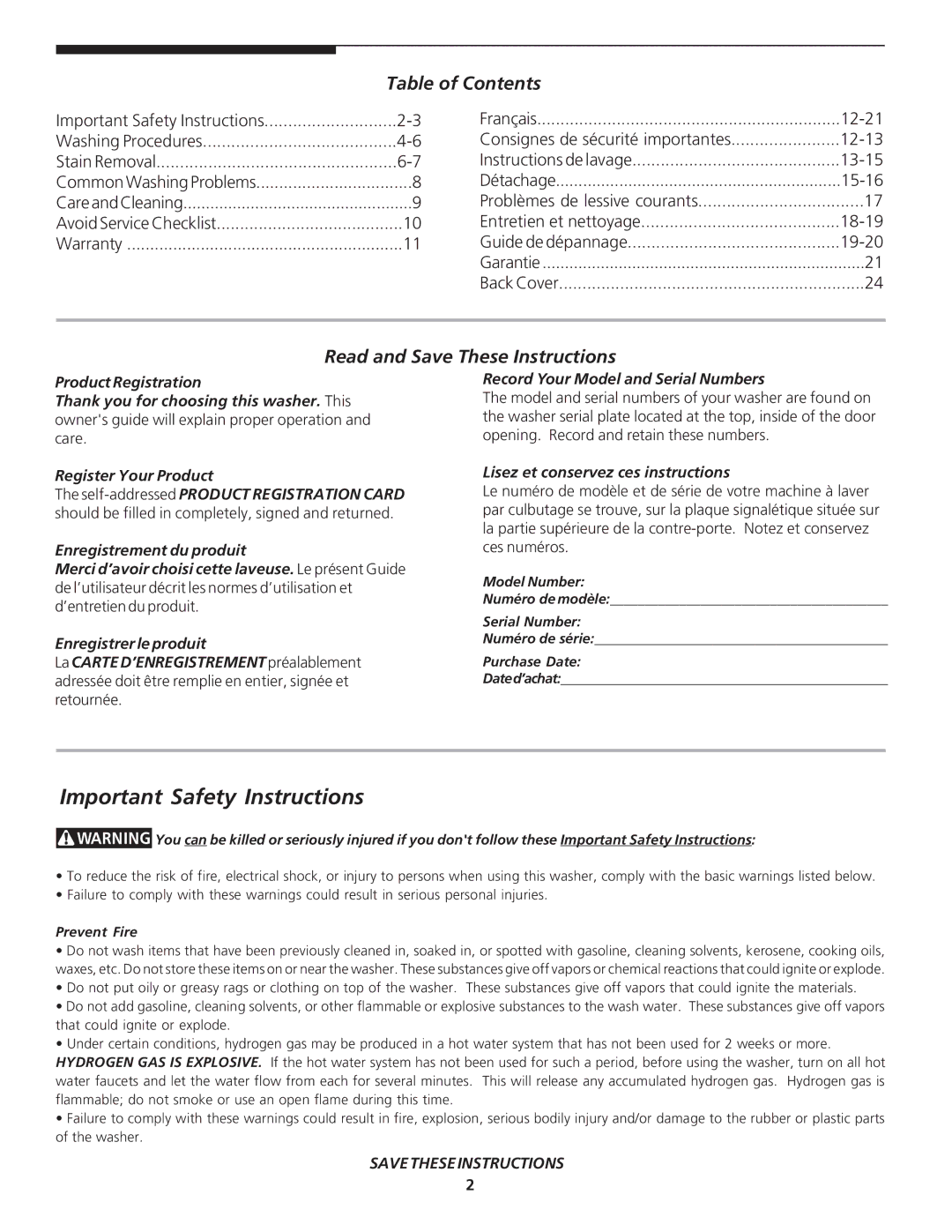 Electrolux - Gibson 134838000A manual Important Safety Instructions, Table of Contents, Read and Save These Instructions 