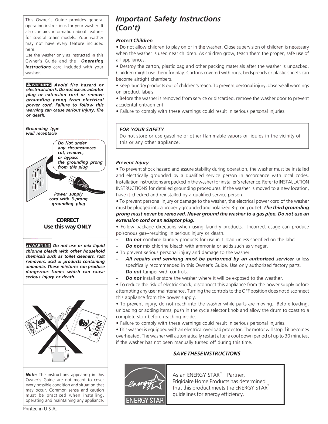 Electrolux - Gibson 134838000A manual Cont, Protect Children 