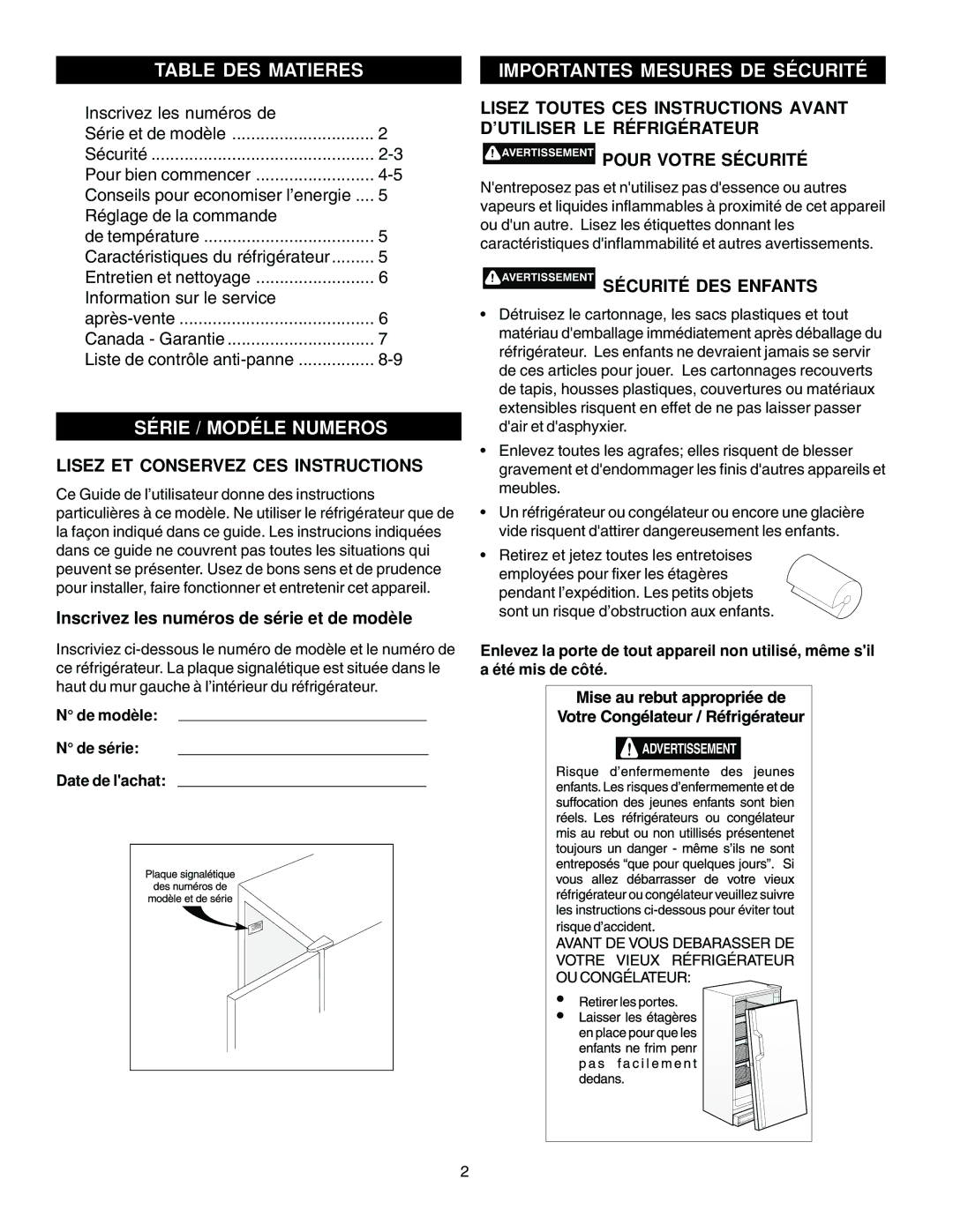 Electrolux - Gibson 216771000 manual Table DES Matieres Importantes Mesures DE Sécurité, Série / Modéle Numeros 