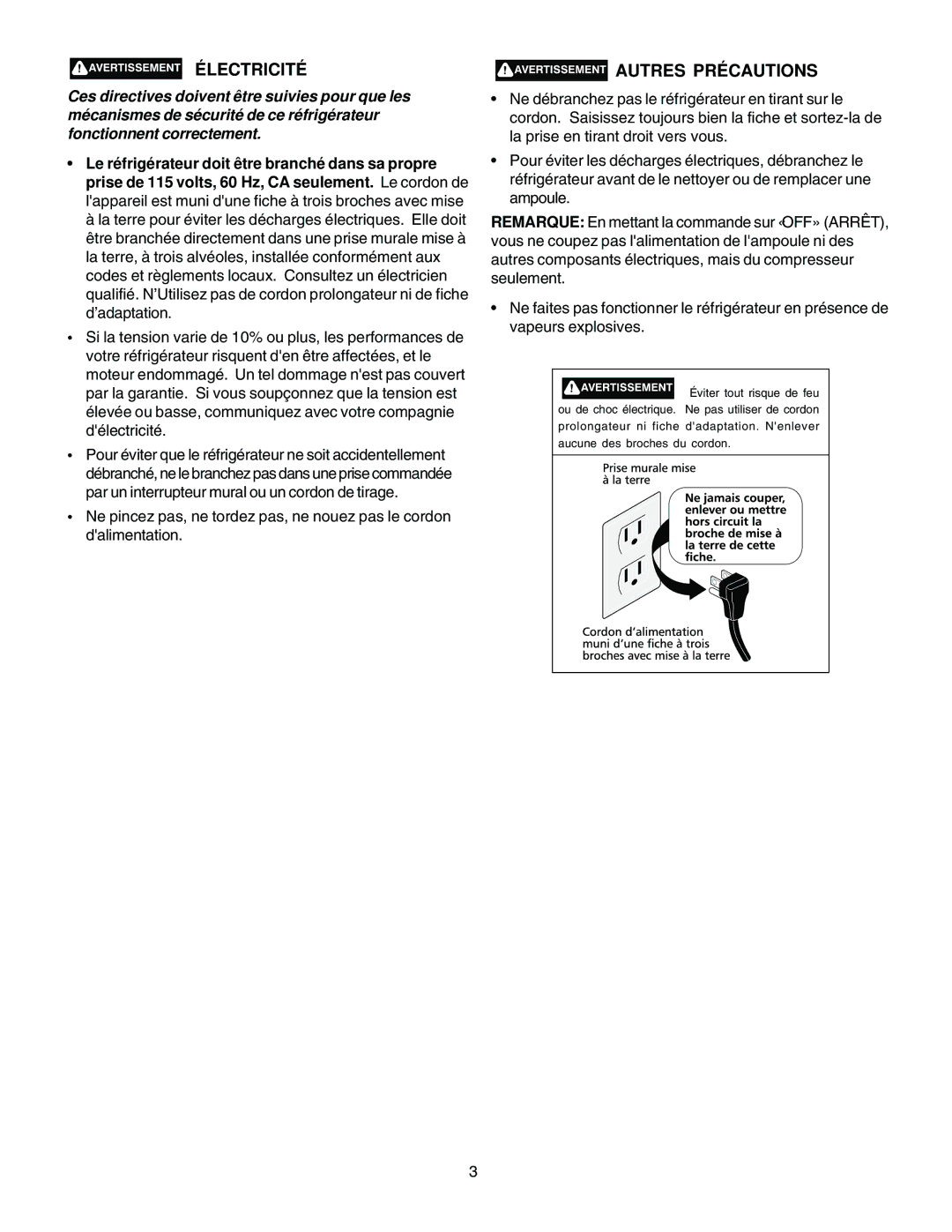 Electrolux - Gibson 216771000 manual Électricité, Autres Précautions 