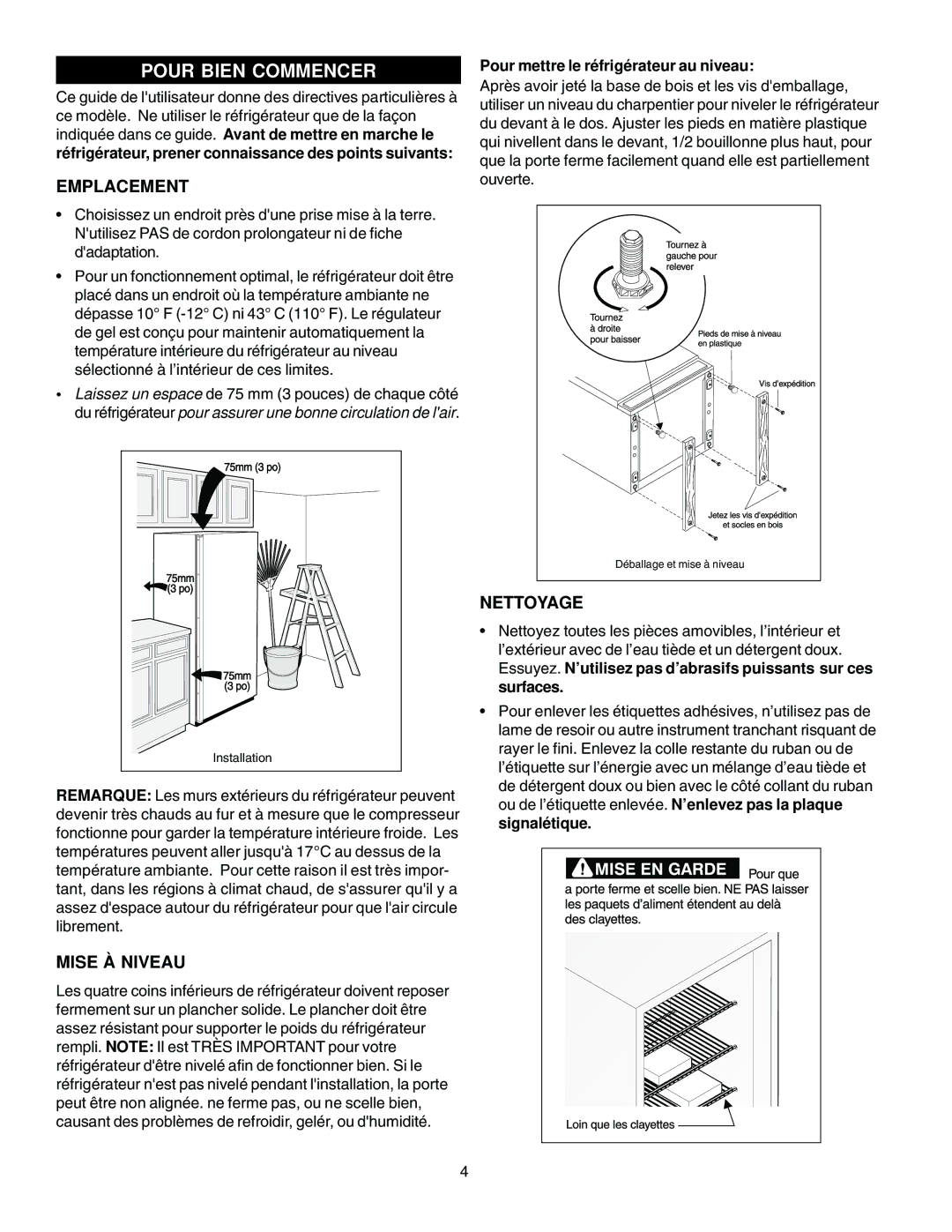 Electrolux - Gibson 216771000 manual Pour Bien Commencer, Emplacement, Mise À Niveau, Nettoyage 