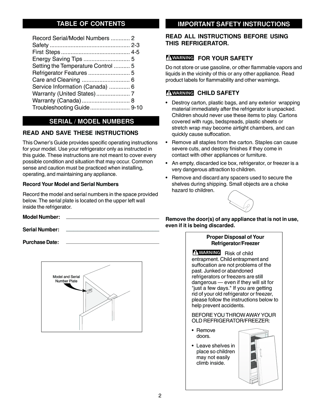 Electrolux - Gibson 216771000 manual Table of Contents Important Safety Instructions, Serial / Model Numbers 