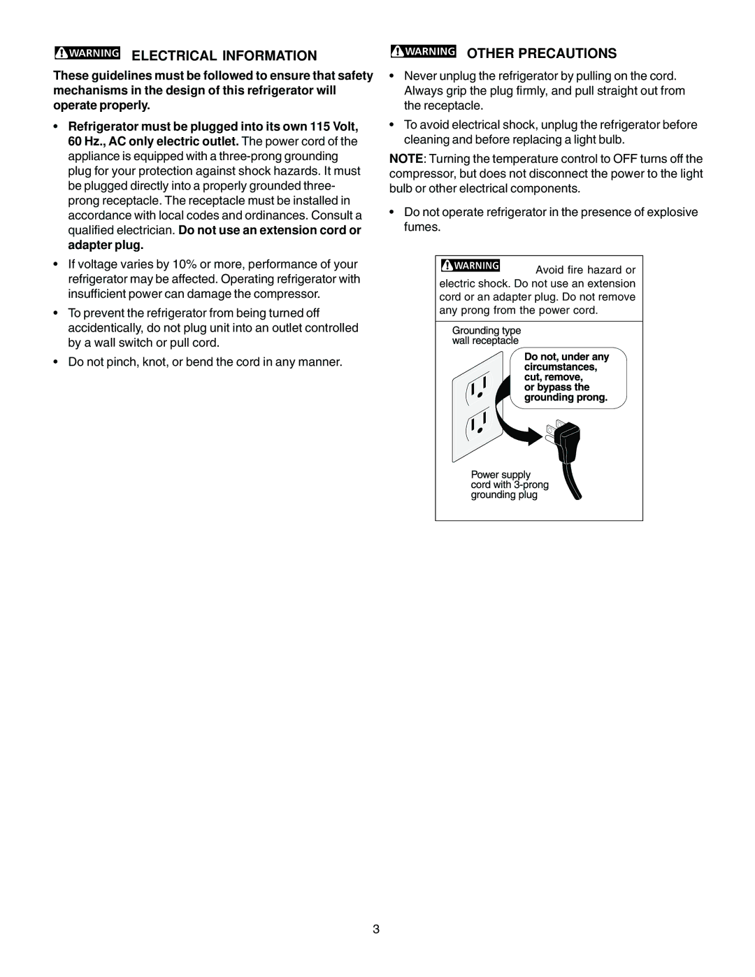 Electrolux - Gibson 216771000 manual Electrical Information, Other Precautions 