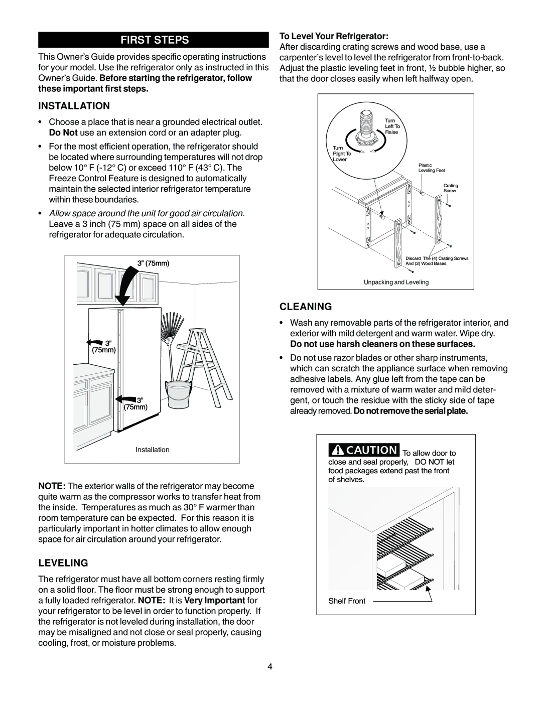 Electrolux - Gibson 216771000 manual First Steps, Installation, Leveling, Cleaning 