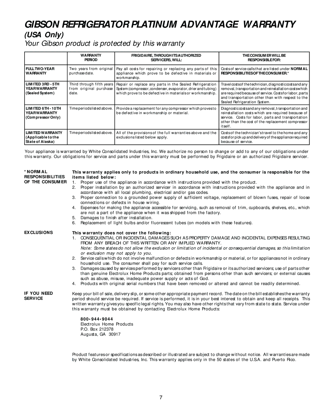 Electrolux - Gibson 216771000 manual Gibson Refrigerator Platinum Advantage Warranty 