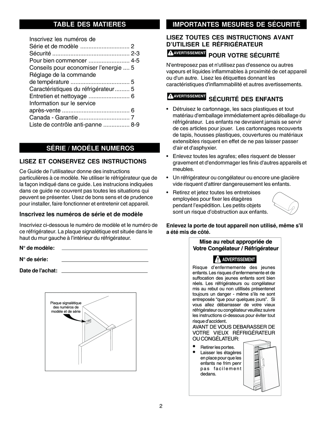 Electrolux - Gibson 216771000 manual Table Des Matieres, Importantes Mesures De Sécurité, Série / Modéle Numeros 