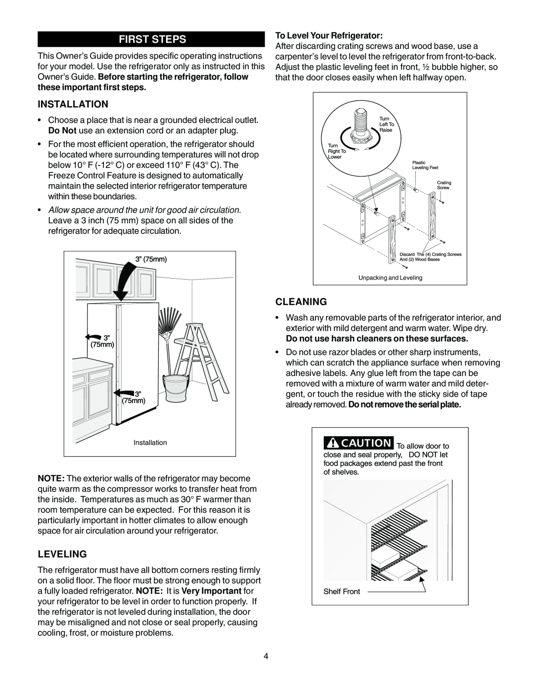 Electrolux - Gibson 216771000 manual First Steps, Installation, Leveling, Cleaning, To Level Your Refrigerator 