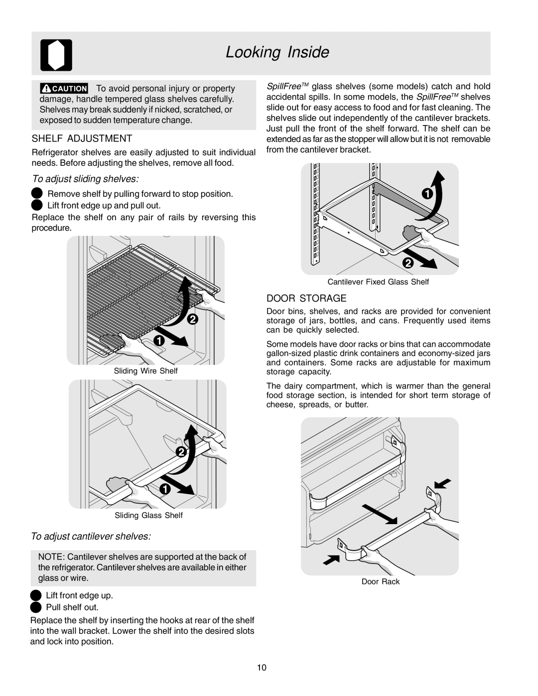 Electrolux - Gibson 240435505 manual Looking Inside, Shelf Adjustment, Door Storage 