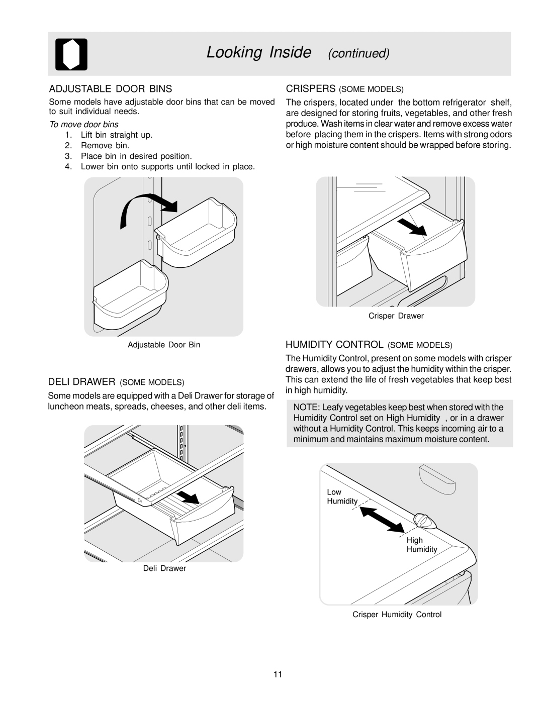 Electrolux - Gibson 240435505 manual Adjustable Door Bins, Humidity Control Some Models 