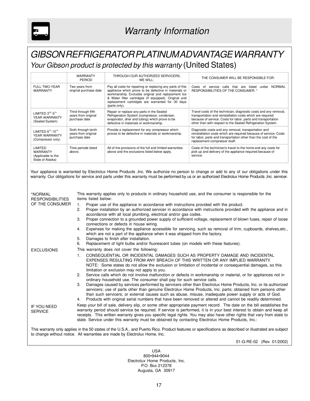 Electrolux - Gibson 240435505 manual Warranty Information, Gibsonrefrigeratorplatinumadvantagewarranty 