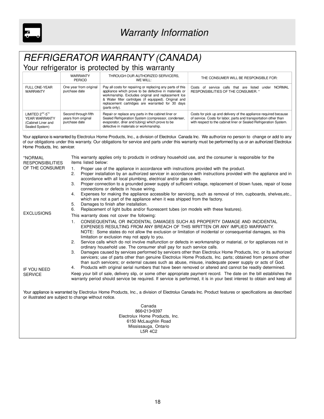 Electrolux - Gibson 240435505 manual Refrigerator Warranty Canada 