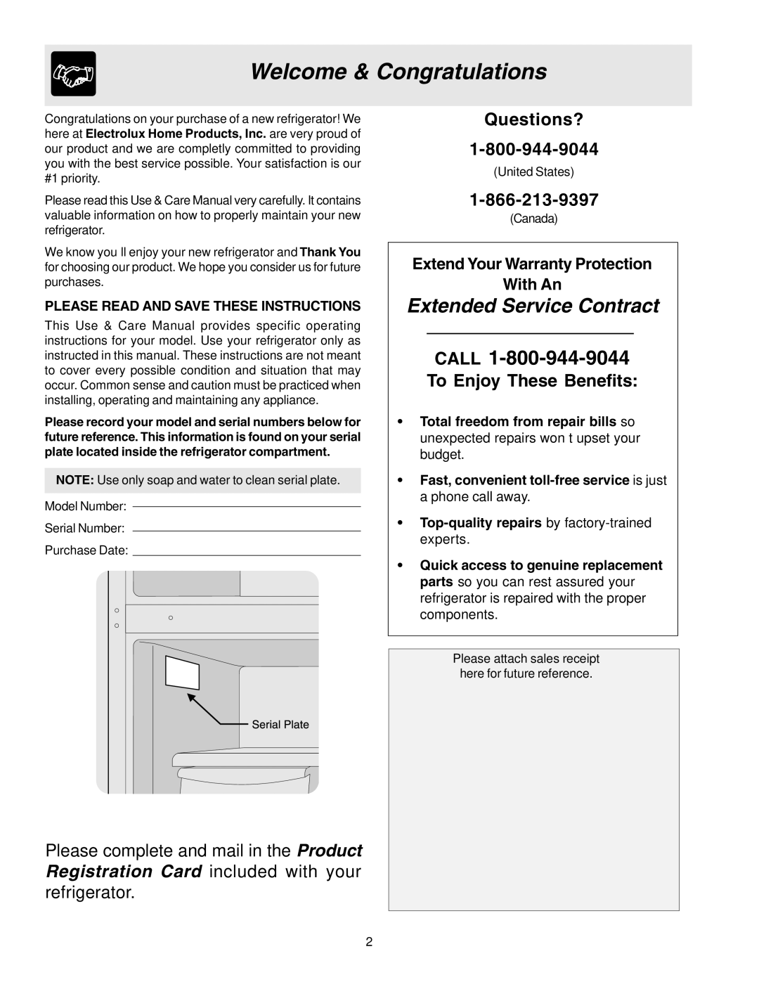 Electrolux - Gibson 240435505 manual Welcome & Congratulations, Please Read and Save These Instructions 