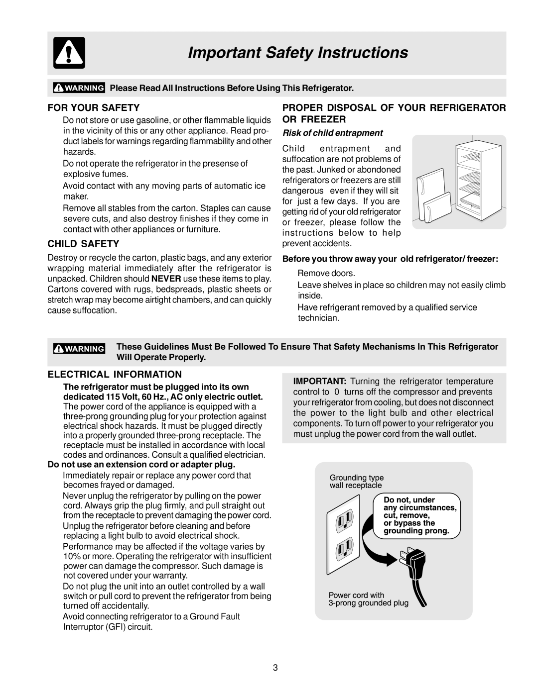 Electrolux - Gibson 240435505 manual Important Safety Instructions, For Your Safety, Child Safety, Electrical Information 