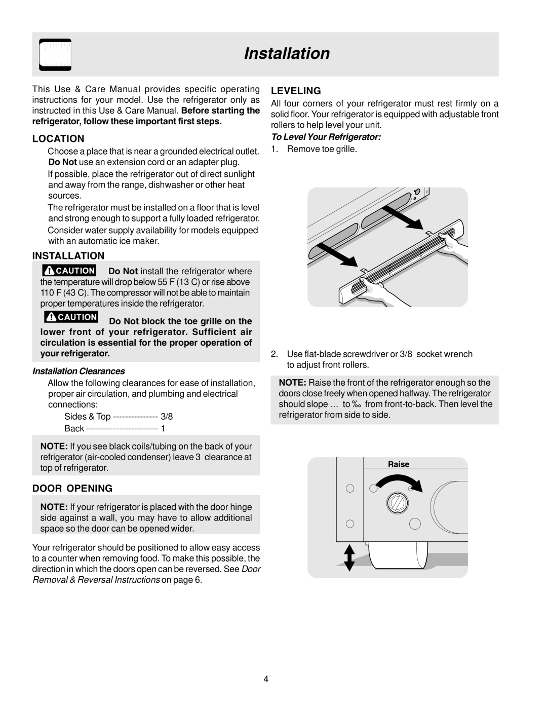 Electrolux - Gibson 240435505 manual Installation, Location, Door Opening, Leveling 