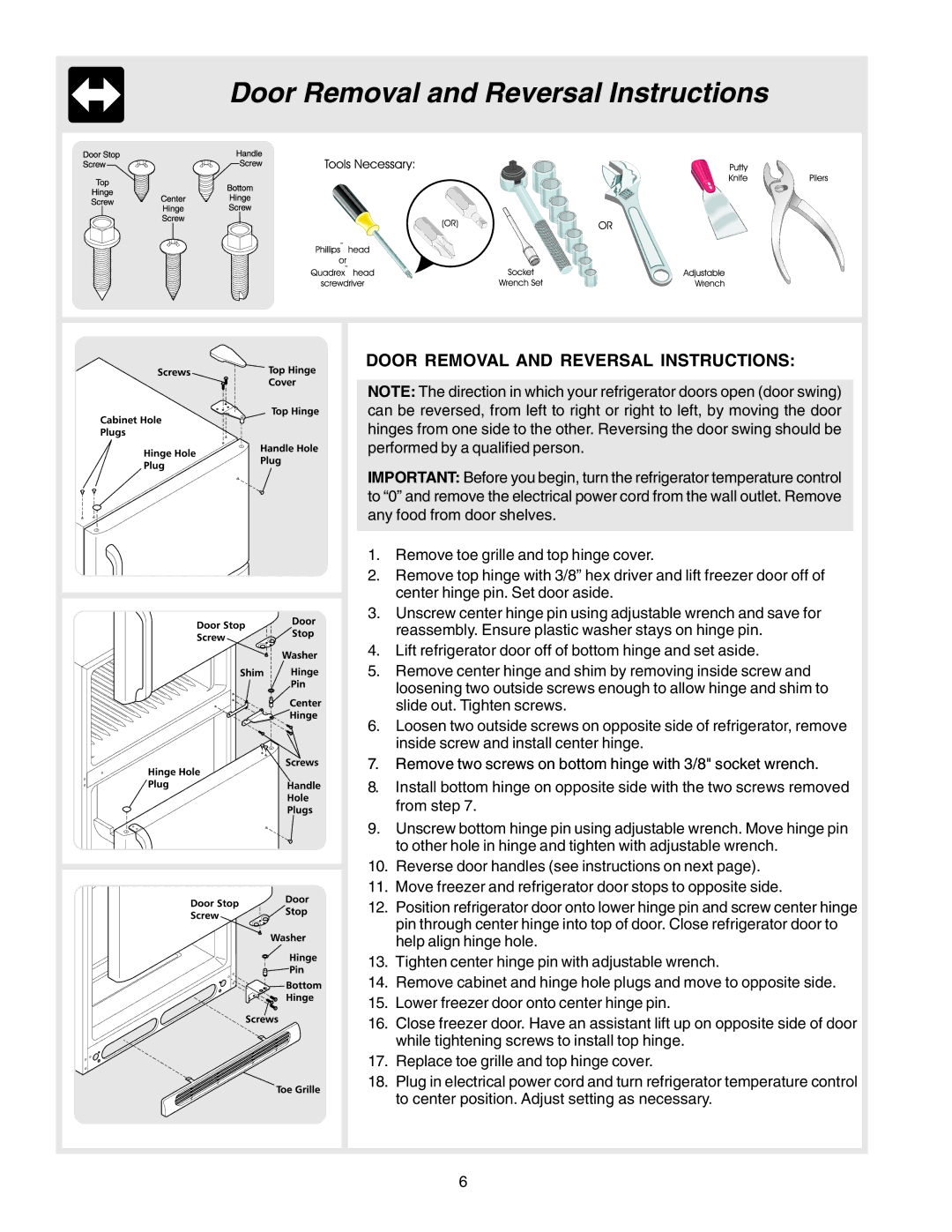 Electrolux - Gibson 240435505 manual Door Removal and Reversal Instructions 