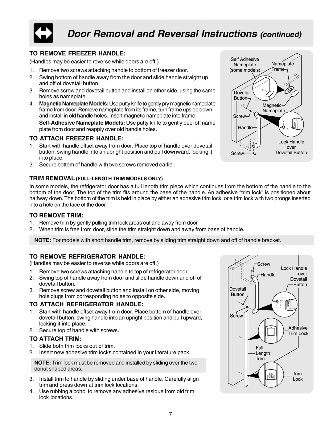 Electrolux - Gibson 240435505 manual To Remove Freezer Handle, To Attach Freezer Handle, To Remove Trim, To Attach Trim 